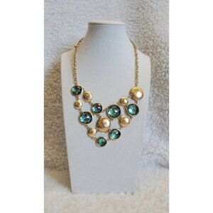 Gold Tone Green Bib Style Chain Costume Necklace N1F